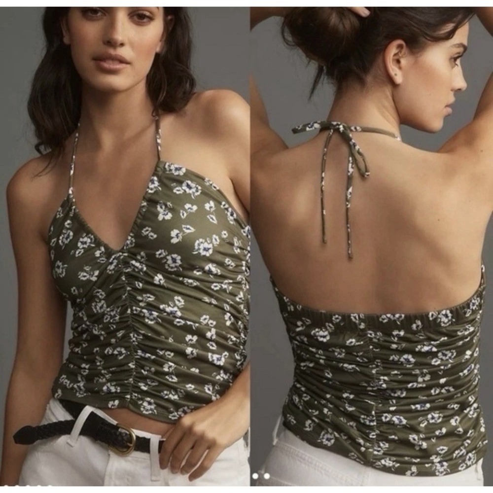 NWT Porridge Top Women  Large Green Malena Tie Neck  Floral Halter Boho
